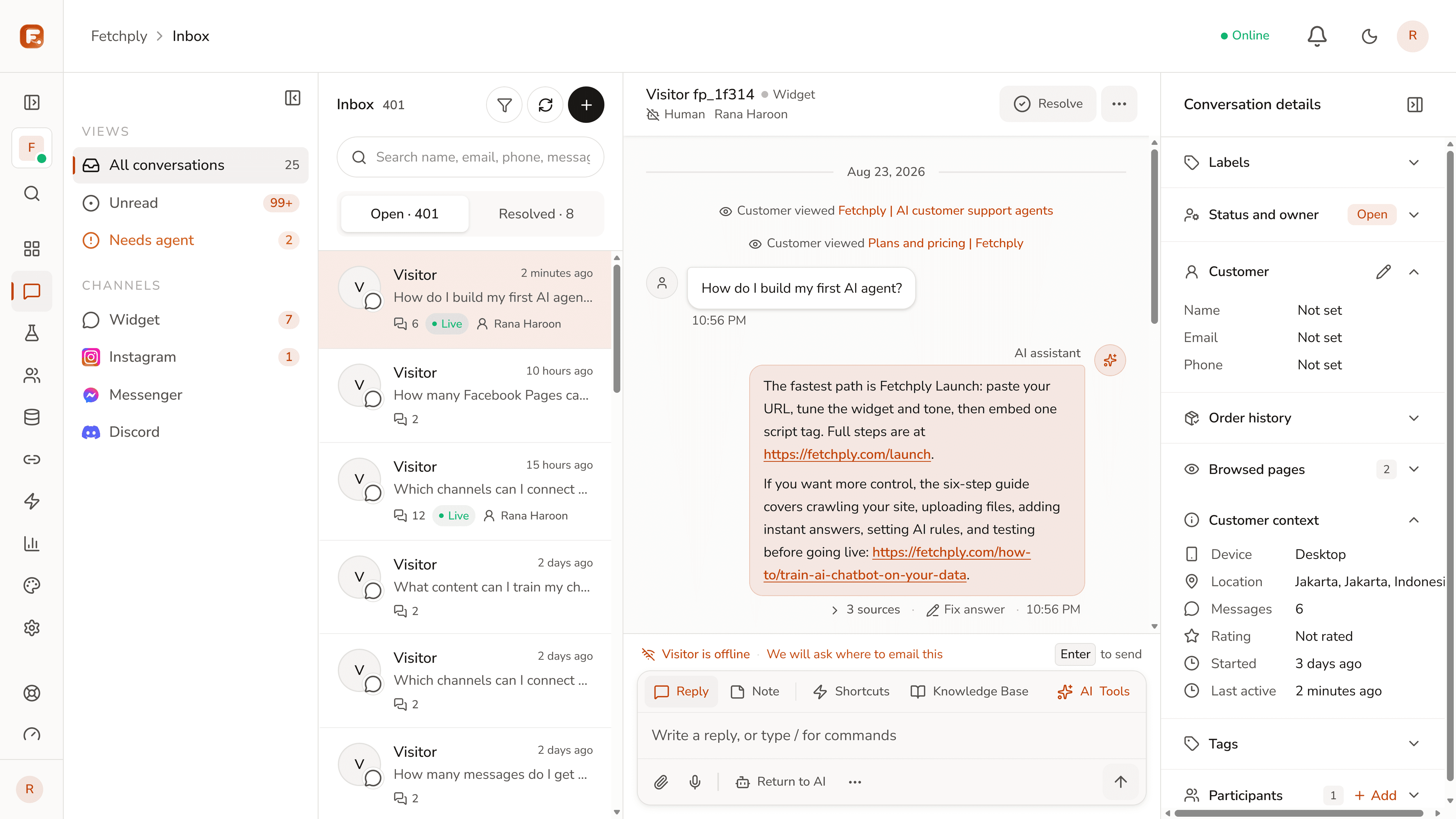 Fetchply inbox showing AI-assisted customer conversations across connected channels